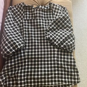 Taylor Black & White Gingham Square Neck Puff Sleeve Blouse